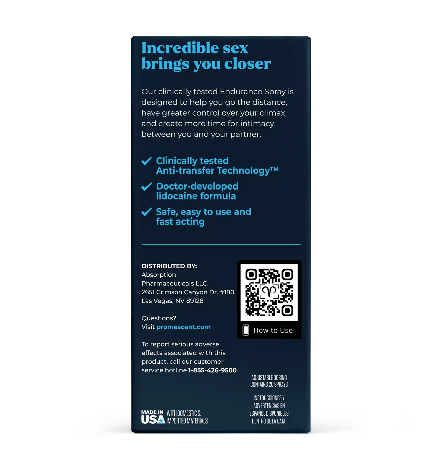 The back of a dark blue cylindrical bottle of Endurance Spray, showing product information, ingredients, distribution details, and a QR code on a white background.