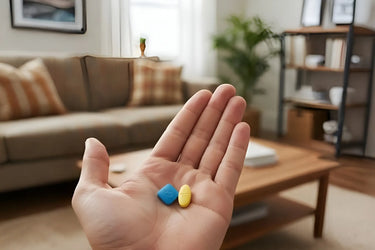 Hand holding two colorful pills (Viagra and Cialis) with a blurred living room background