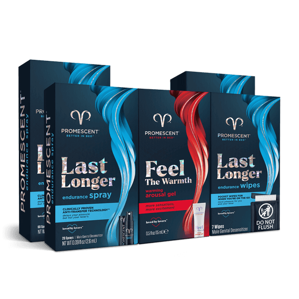 Promescent All Nighter bundle: Last Longer endurance spray, Feel The Warmth arousal gel and Last Longer endurance wipes boxes arranged together.