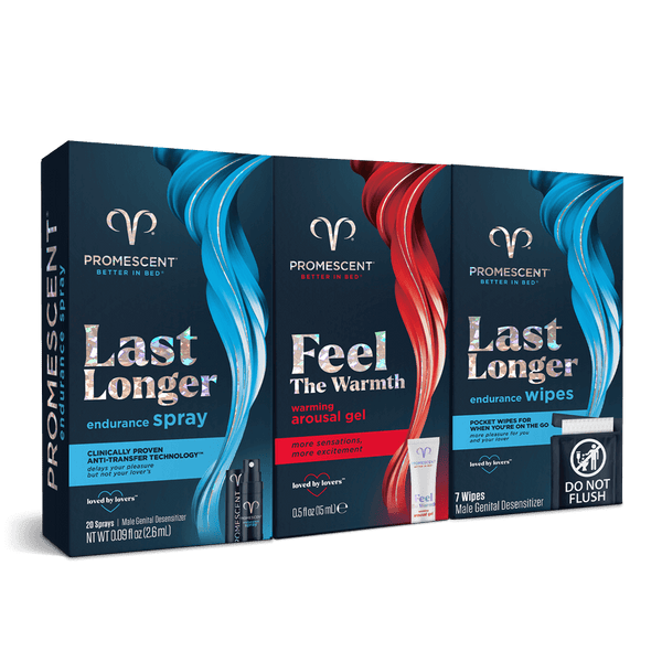 Promescent All Nighter bundle contents shown side by side: endurance spray, arousal gel and endurance wipes.