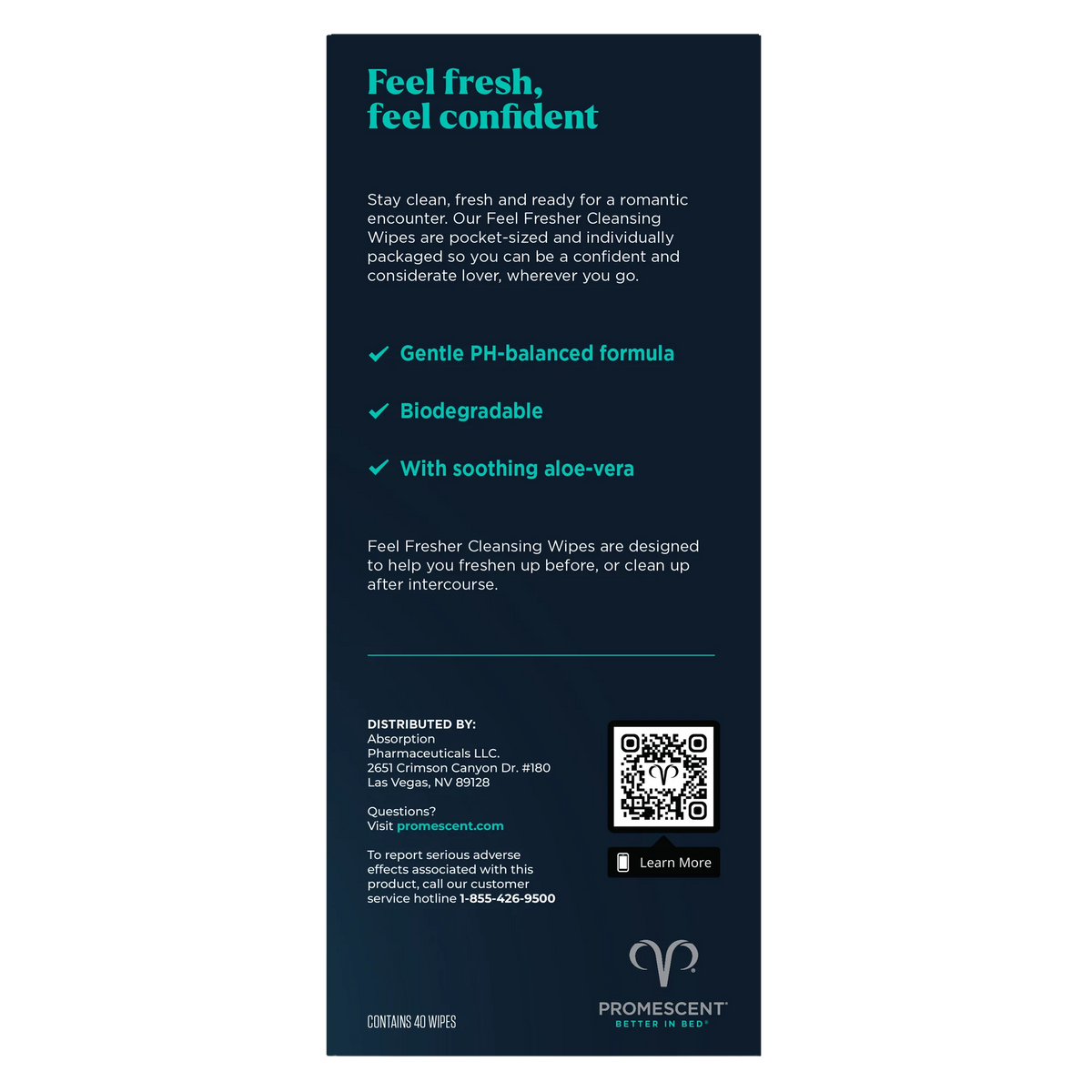 Promescent Feel Fresh, feel confident  Cleansing Wipes, featuring product details, a QR code, and branding on a white background.