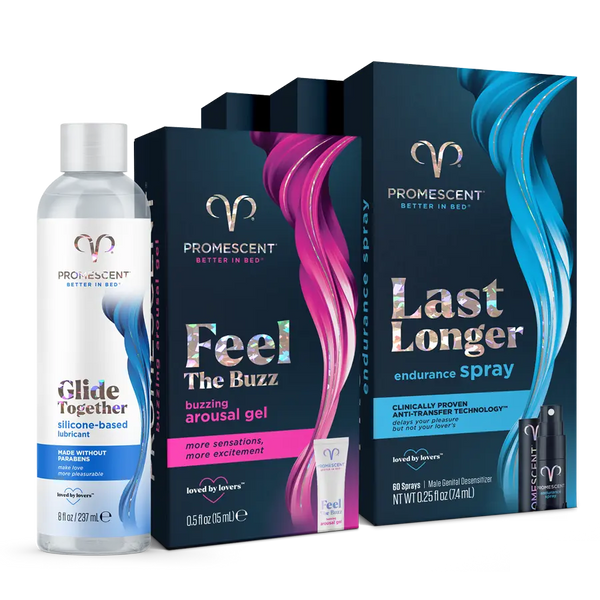 Promescent Date Night Deluxe bundle: a Glide Together lubricant bottle, a Feel The Buzz arousal gel box and Last Longer endurance spray boxes.