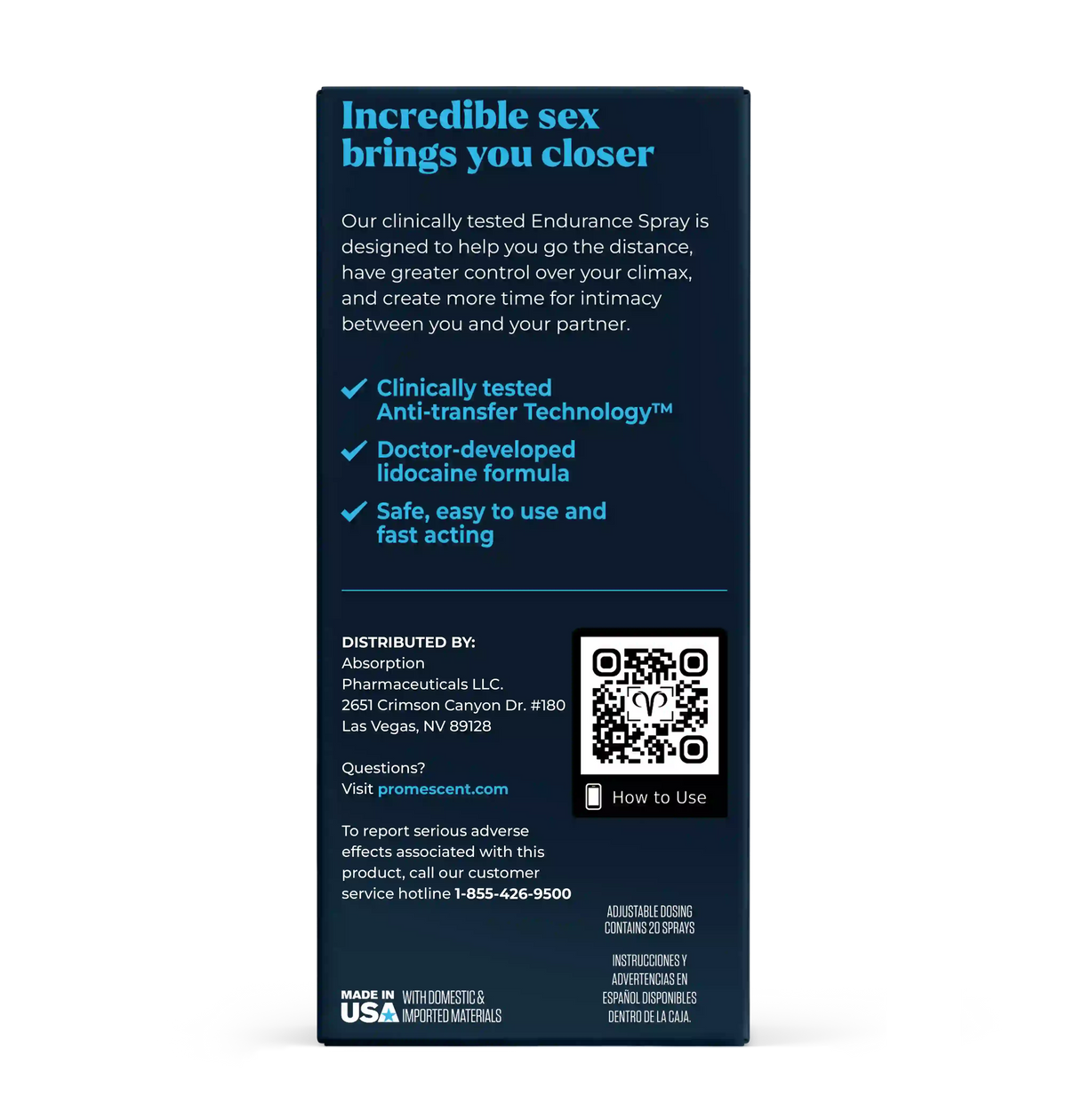 The back of a dark blue cylindrical bottle of Endurance Spray, showing product information, ingredients, distribution details, and a QR code on a white background.