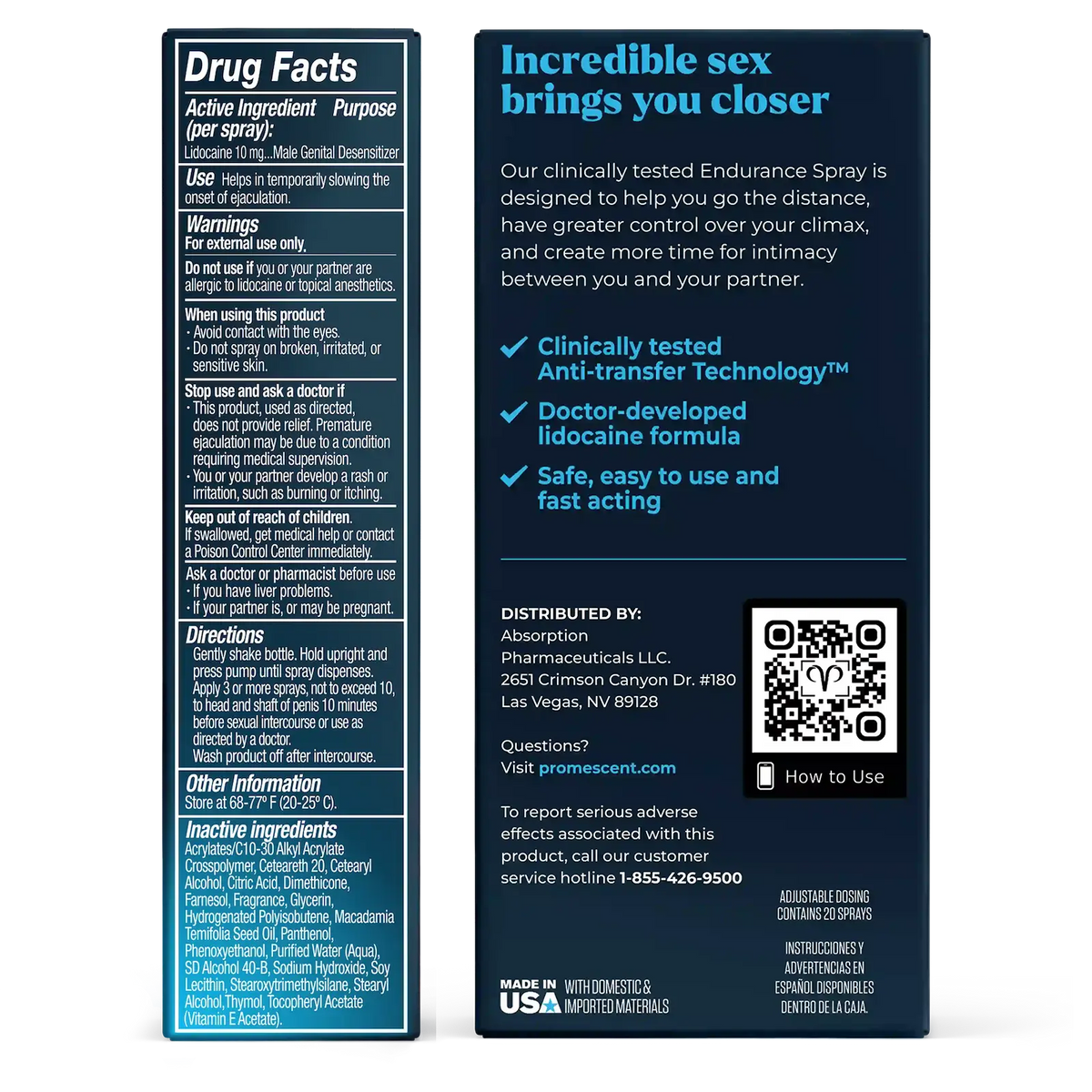 Drug facts and directions label panel for Promescent Endurance Spray, showing the back and side of the packaging with product details, ingredients, directions, and a QR code.