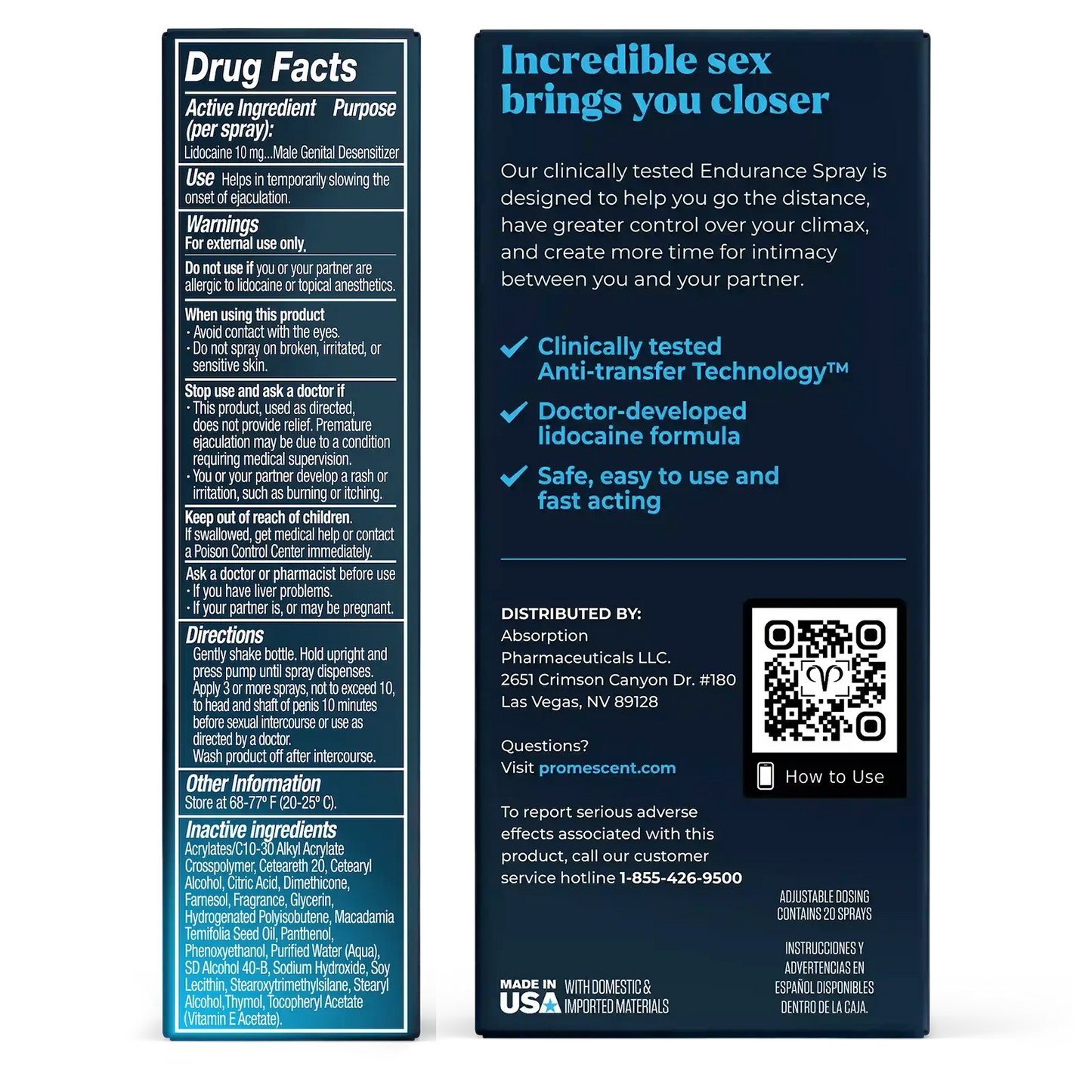 Drug facts and directions label panel for Promescent Endurance Spray, showing the back and side of the packaging with product details, ingredients, directions, and a QR code.