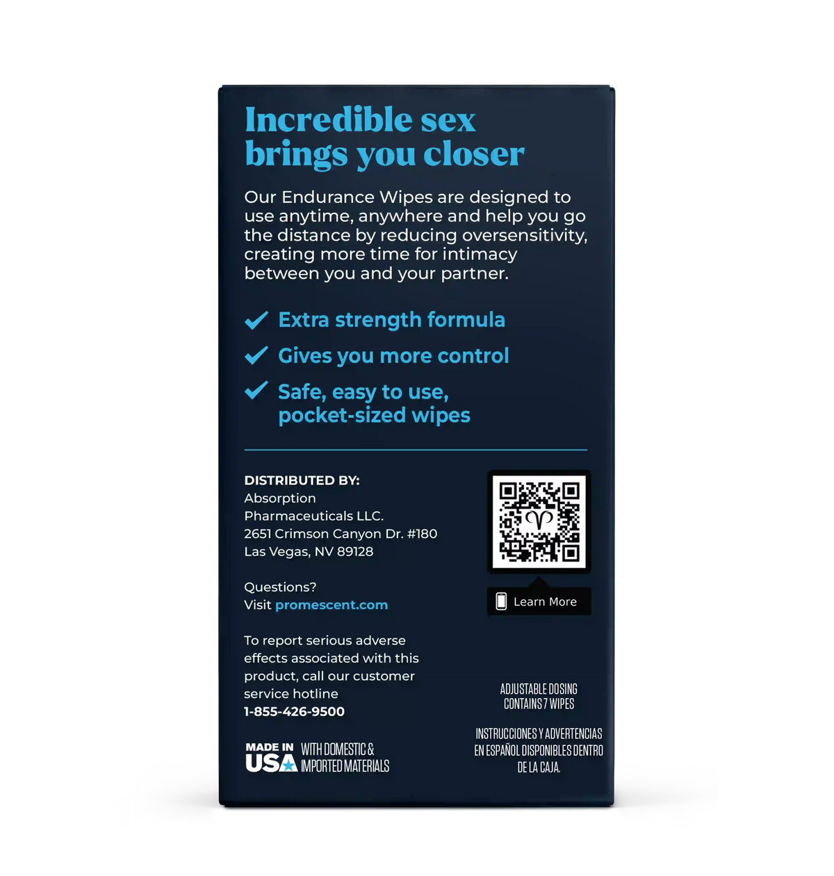 The back of a dark navy blue box of Endurance Wipes, featuring product information, bullet points, a QR code, and distributor details on a plain white background.