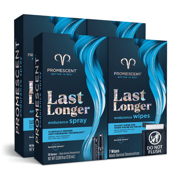 Promescent Endurance Duo bundle: Last Longer endurance spray and endurance wipes boxes arranged together.