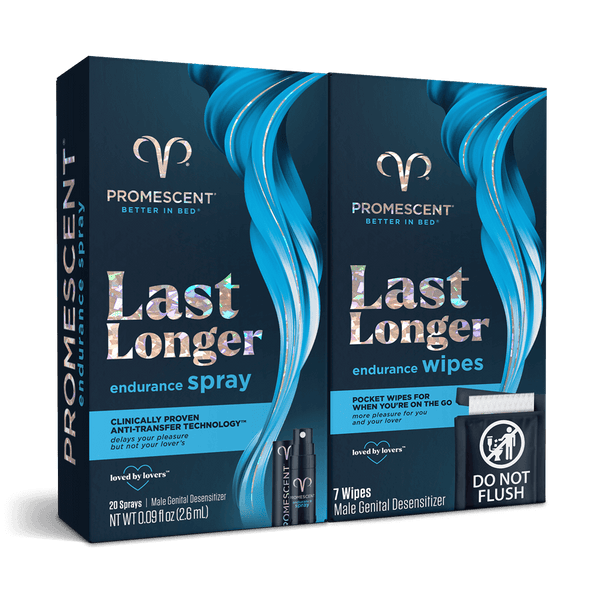 Promescent Endurance Duo bundle contents side by side, one Last Longer endurance spray box and one Last Longer endurance wipes box.