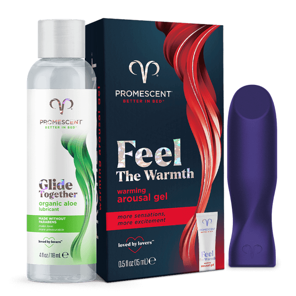 Promescent Sensual Vibes bundle contents: a Glide Together lubricant bottle, a Feel The Warmth arousal gel box and a purple vibrator.