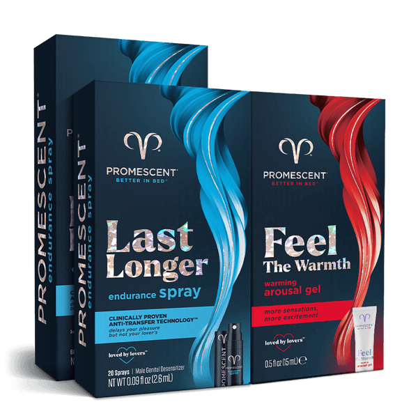 Promescent Pleasure Pack: Last Longer endurance spray and Feel The Warmth arousal gel boxes arranged together.