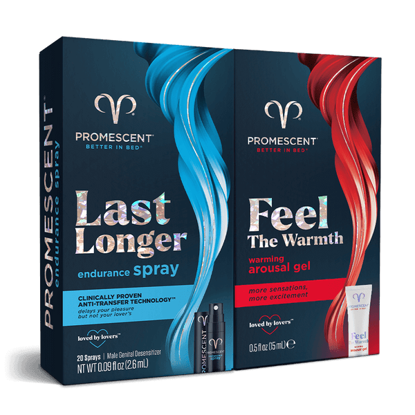 Promescent Pleasure Pack contents shown side by side, one Last Longer endurance spray box and one Feel The Warmth arousal gel box.