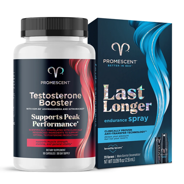 Promescent Kickstarter bundle: a Testosterone Booster bottle beside a Last Longer endurance spray box.