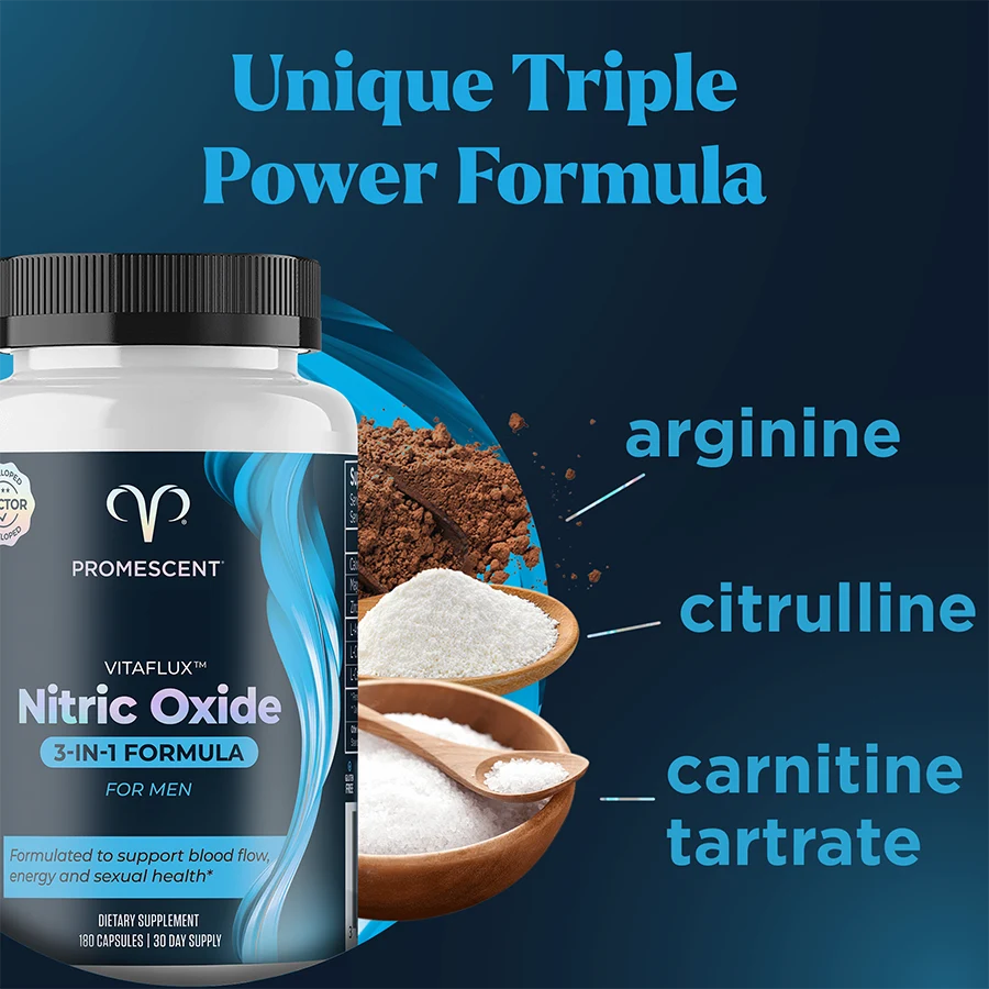 Promescent supplement bottle with ingredients and text on a blue background