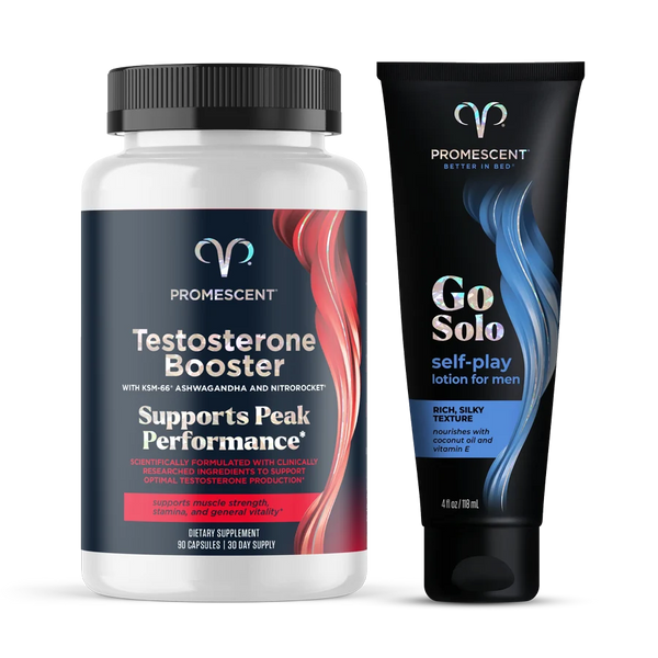 Promescent Work and Play Pack: a Testosterone Booster bottle beside a Go Solo self-play lotion tube.